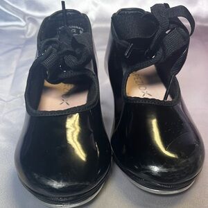 Capezio Black Patent Girls Dress Tap Shoes with Ribbon Ties
